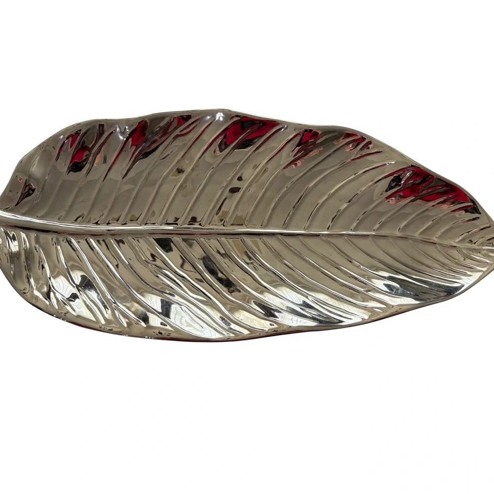 Silver Porcelain‎ Leaf Serving Tray Metallic Decorative Platter Dishwasher Safe